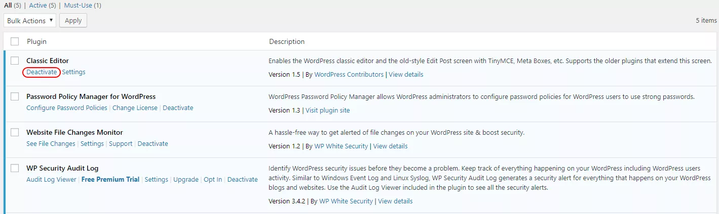 WordPress 플러그인 비활성화