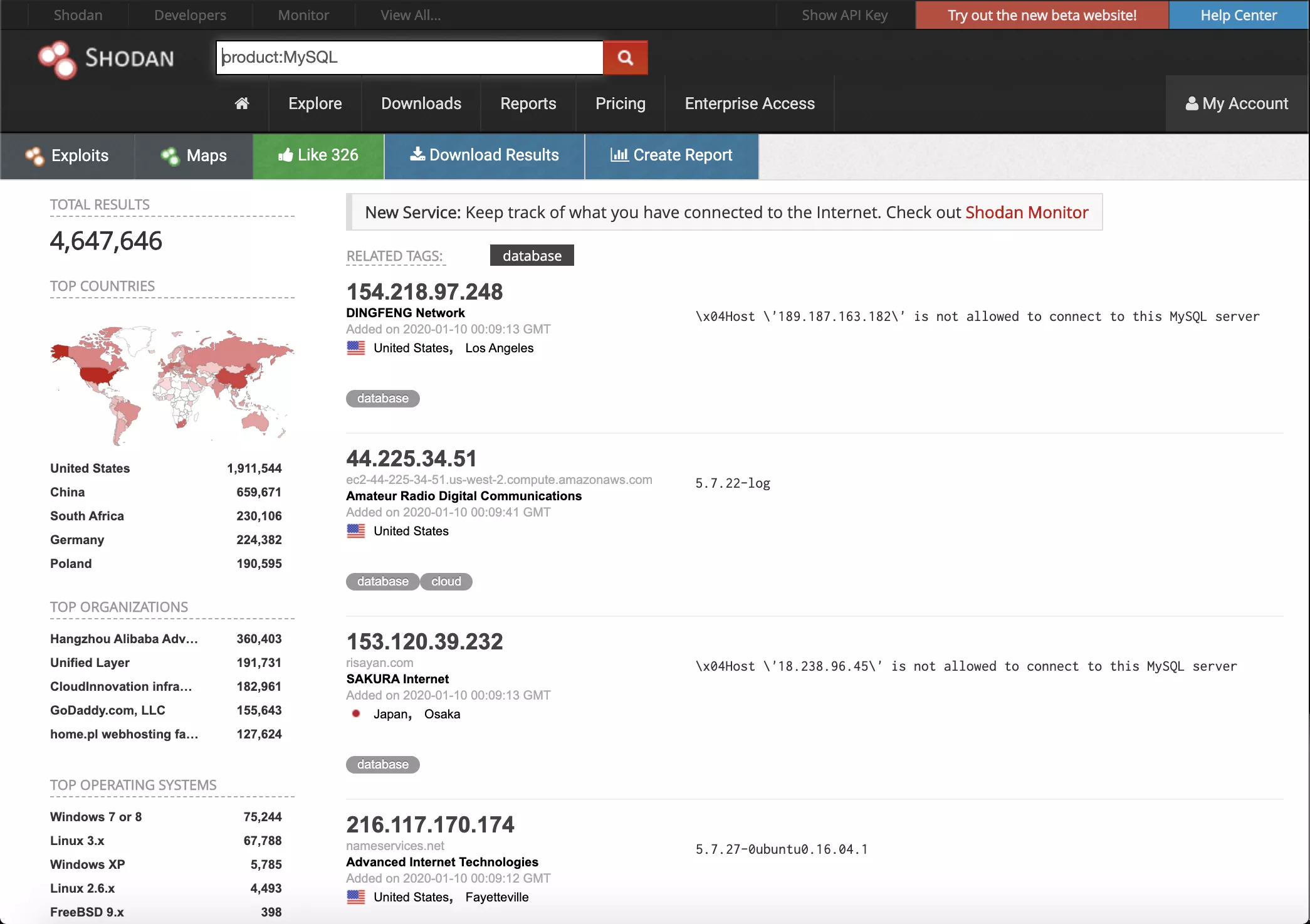 MySQL sunucuları için Shodan'daki sonuçlar