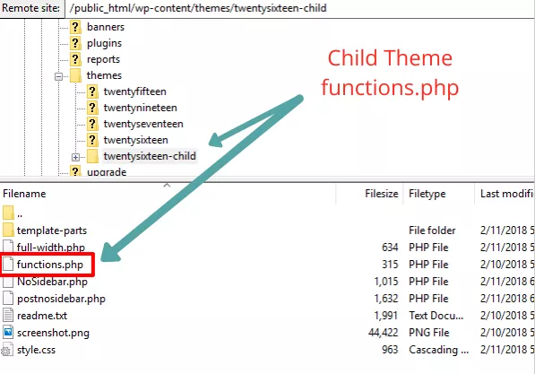 Diretório de temas filhos functions.php