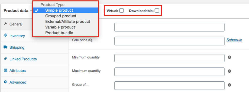 Параметры типа продукта при добавлении продукта в WooCommerce
