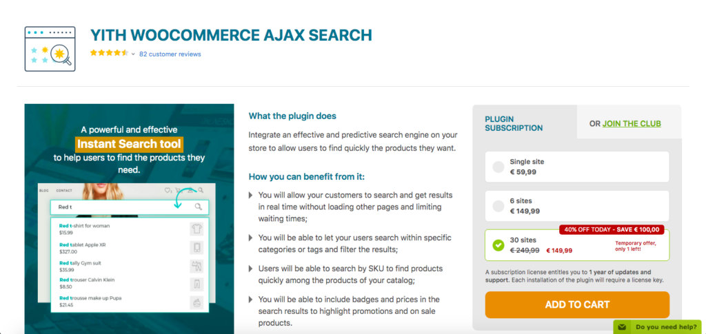 최고의 WooCommerce 제품 검색 플러그인 - YITH WC AJAX 검색