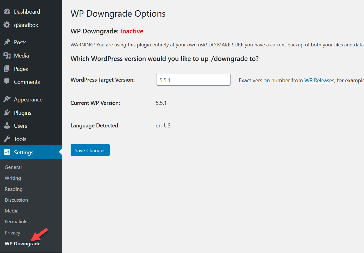 configurações de downgrade wp