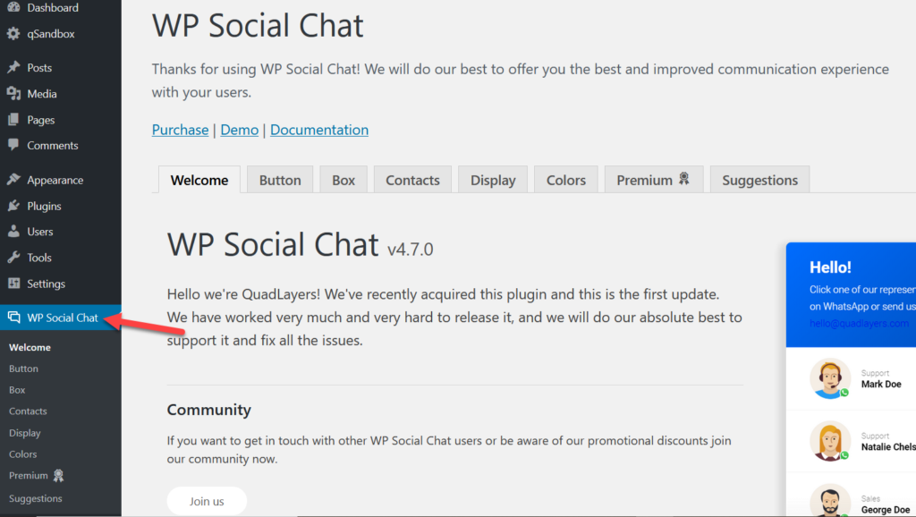 configuración de chat social de wp