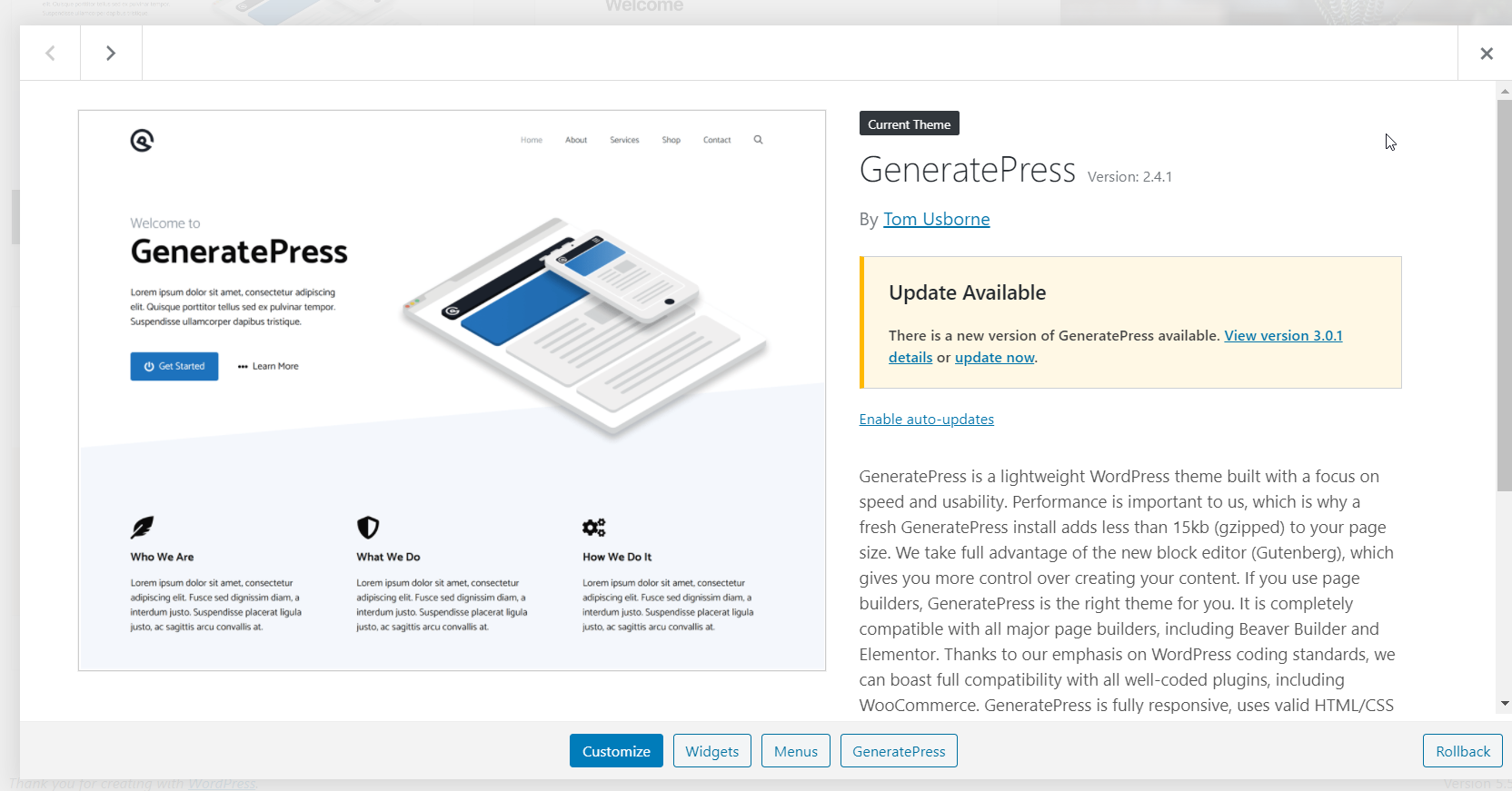 Cara Menurunkan Versi Plugin dan Tema di WordPress - GeneratePress diturunkan versinya