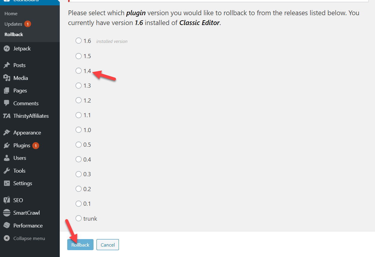 Cara Downgrade Plugin dan Tema di WordPress - Pilih versi WP Rollback