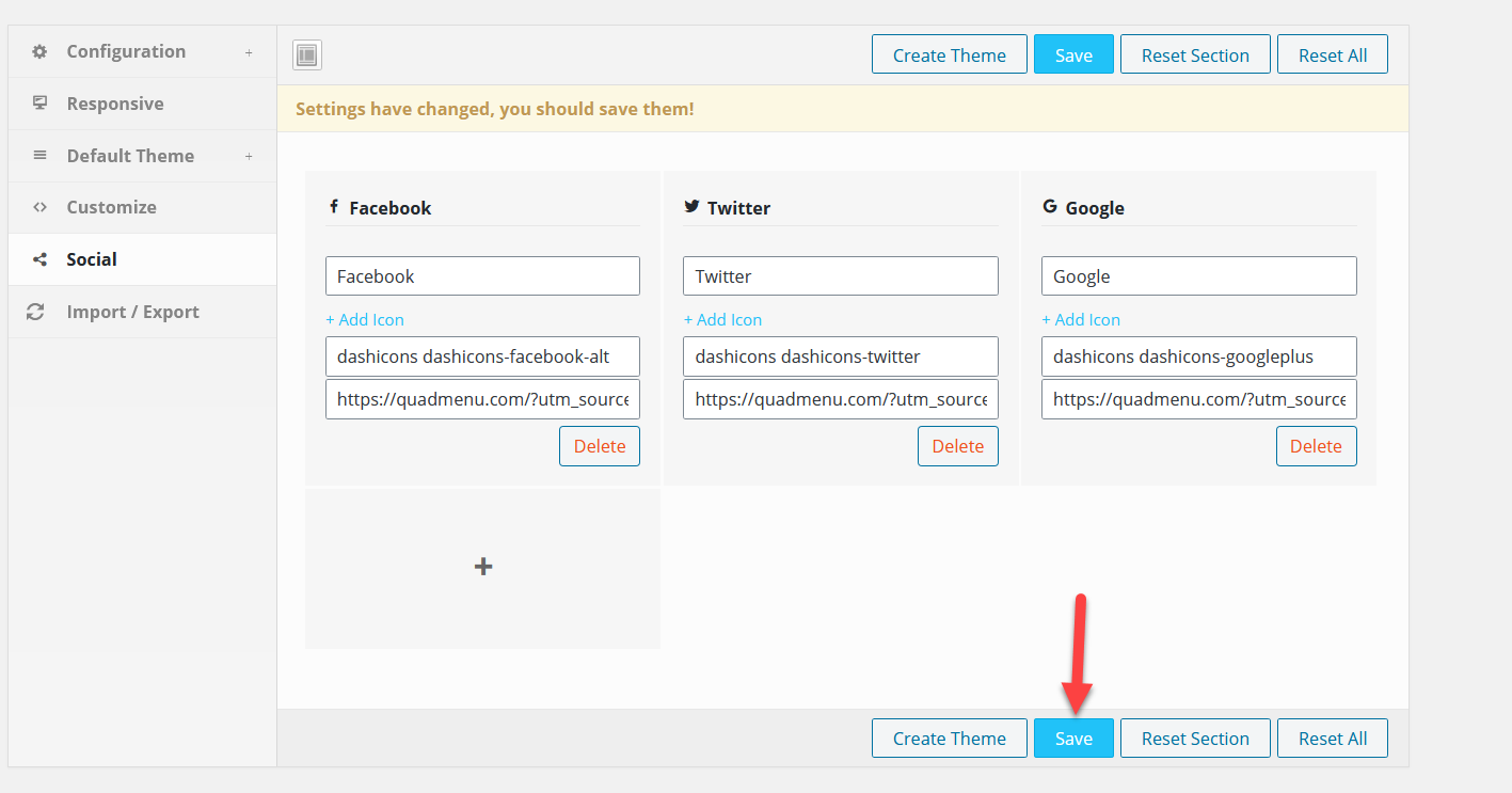 simpan pengaturan plugin quadmenu