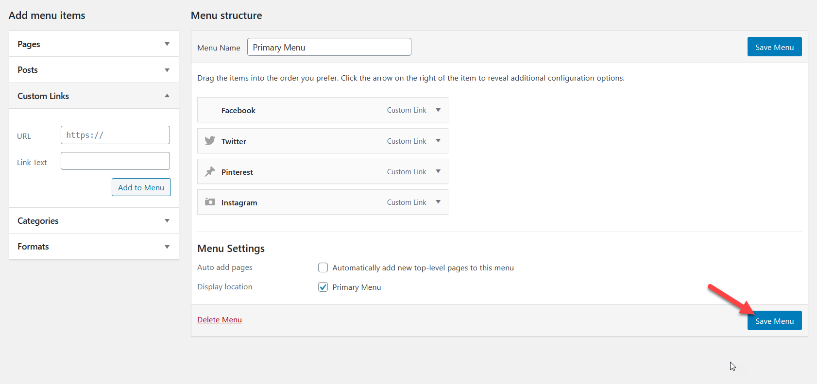 Tambahkan Ikon Media Sosial ke Menu WordPress - Ikon menu WP Simpan menu