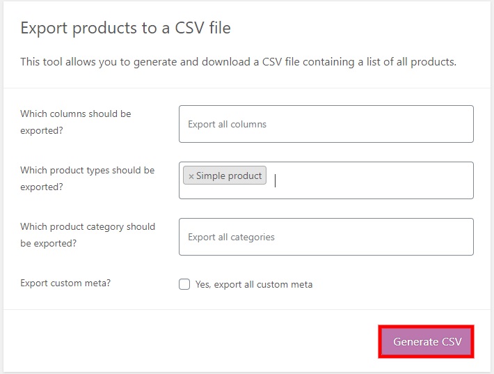 إنشاء منتجات woocommerce للتصدير بتنسيق csv