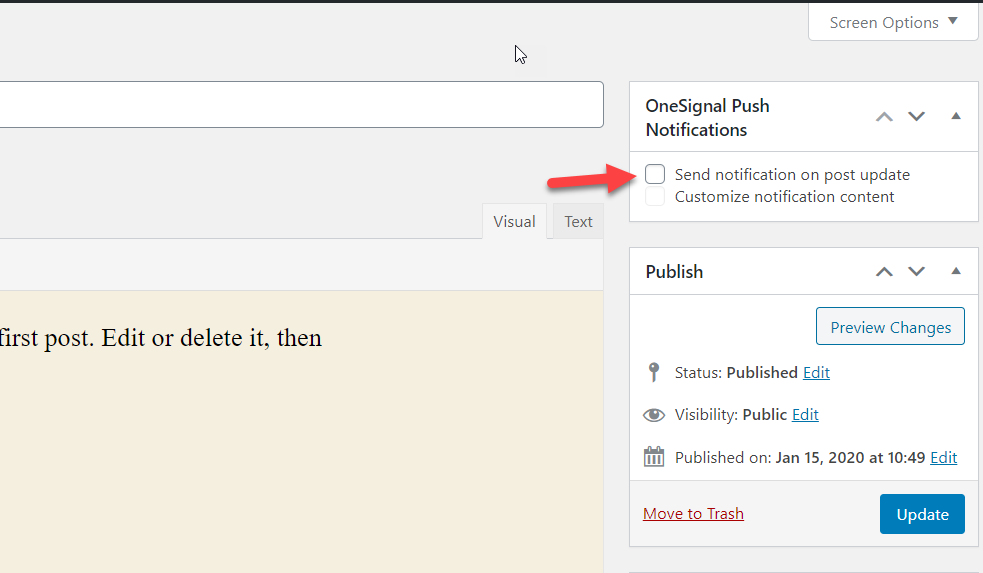 aggiungi notifiche push a wordpress - invia l'aggiornamento delle notifiche push