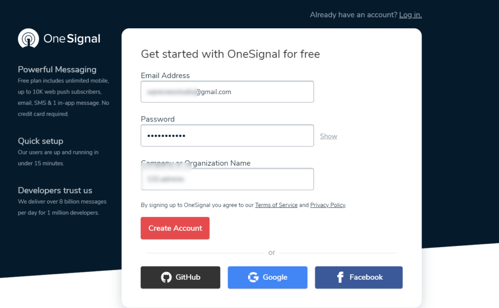 creare un account onesignal