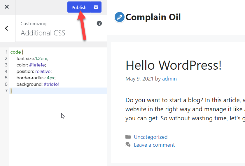 Wyświetl kod w WordPressie - Opublikuj zmiany CSS
