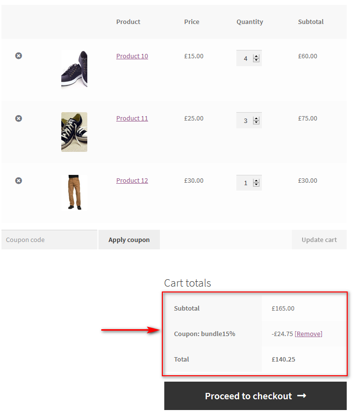 pakiety produktów w WooCommerce - suma koszyka kuponów