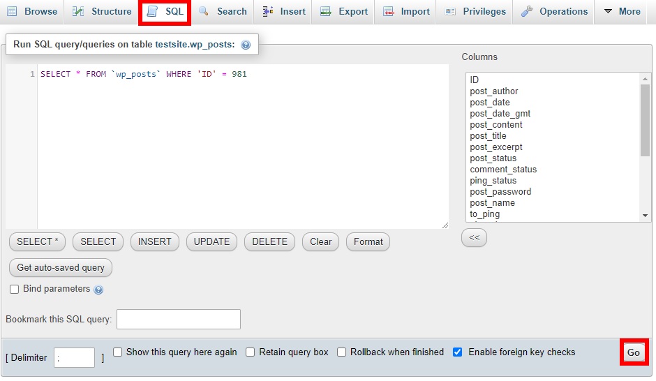 scheda sql trasforma il post in pagina