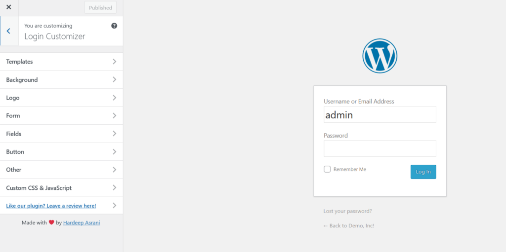 personalizza la pagina di accesso di wordpress - anteprima della personalizzazione dell'accesso