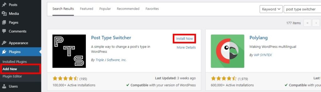 installer le plugin changer le type de message dans wordpress