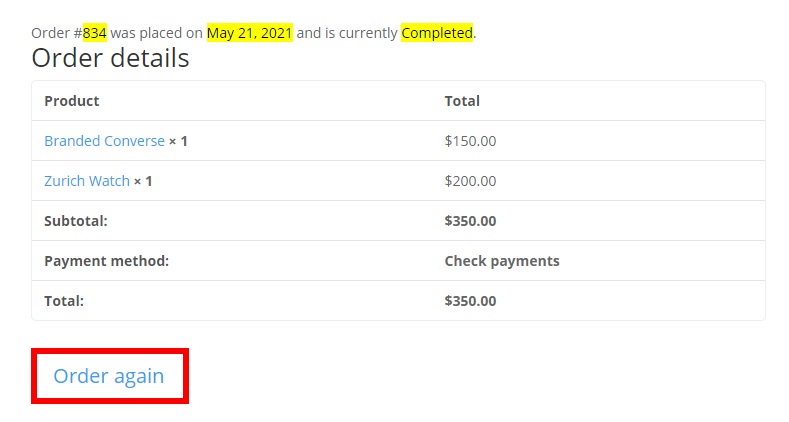 pulsante di nuovo ordine predefinito ripeti gli ordini in woocommerce