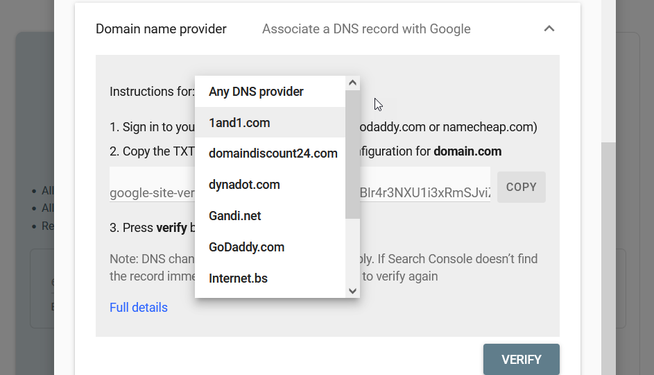 dodaj witrynę WordPress do Google Search Console - dostawcy nazw domen