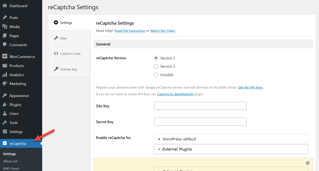 tambahkan captcha ke login woocommerce - pengaturan recaptcha