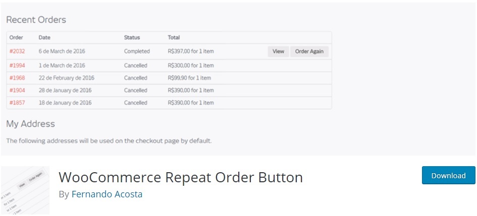 plugins de botão de repetição de pedido do woocommerce para repetir pedidos