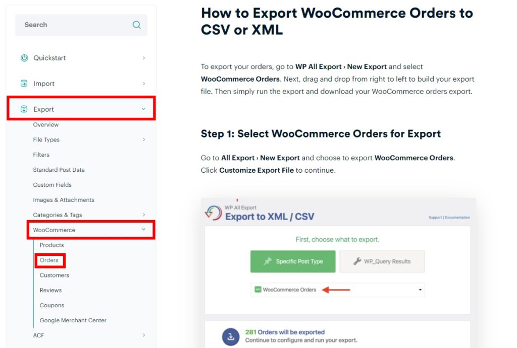 documentação exportação de pedidos woocommerce