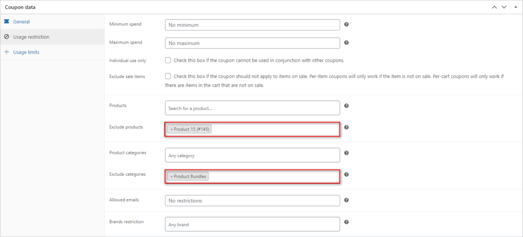exclure le produit woocommerce des coupons - restrictions de coupon