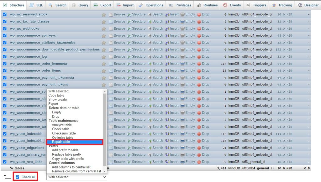 riparazione database wordpress dashboard non si carica