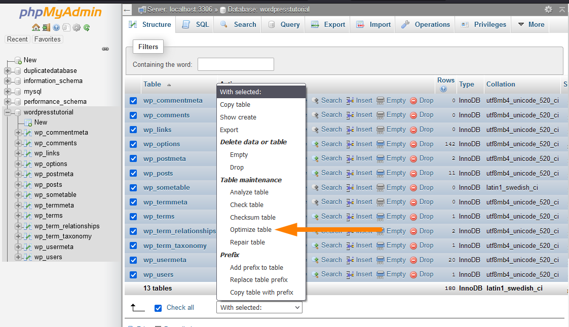 phpMyAdmin -2를 사용하여 WordPress 데이터베이스 최적화