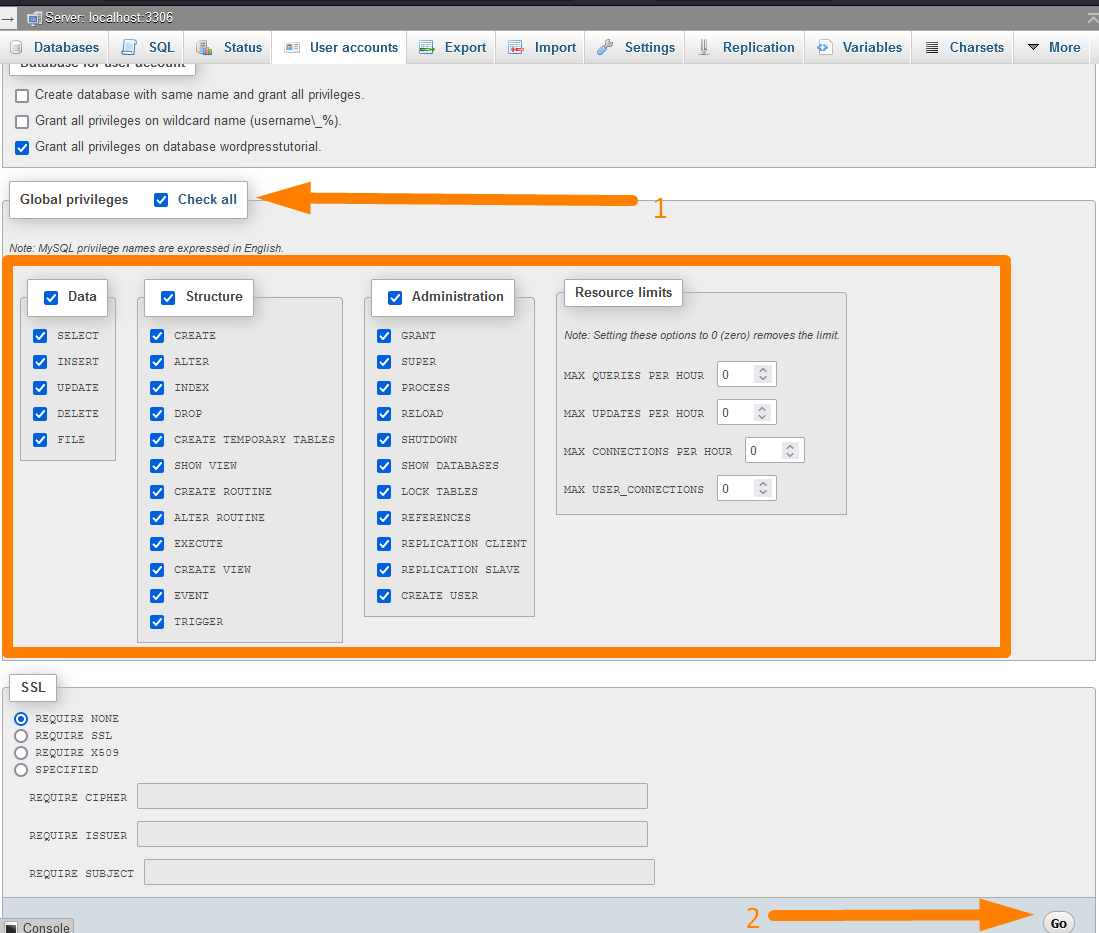 WordPress Database User Grant Privileges