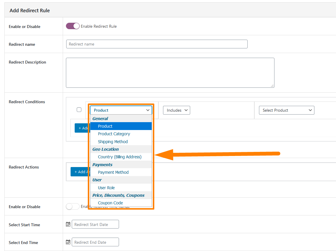 Options de redirection conditionnelle