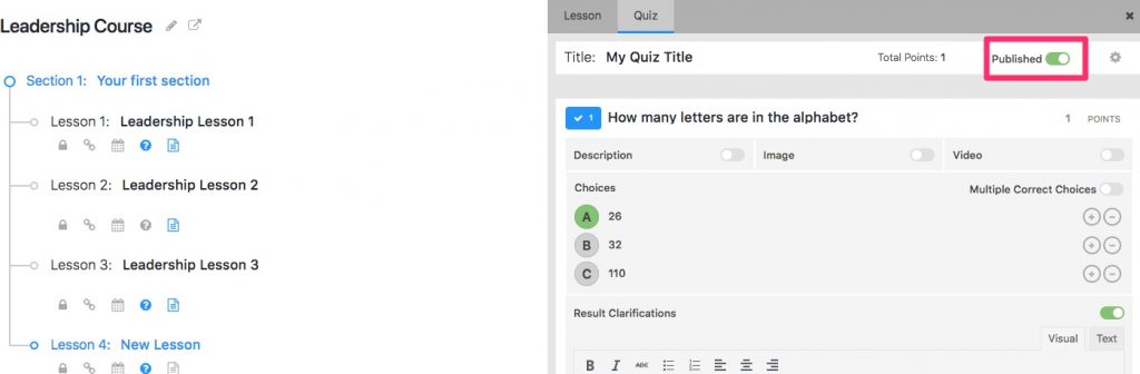 Quiz publikowania w LifterLMS