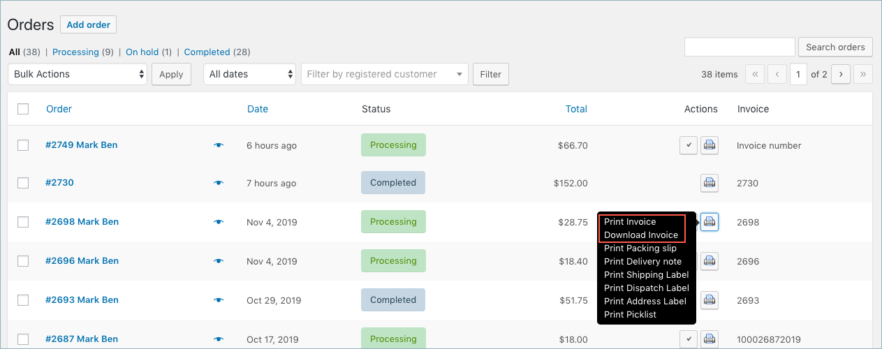 WooCommerce 订单页面打印货件