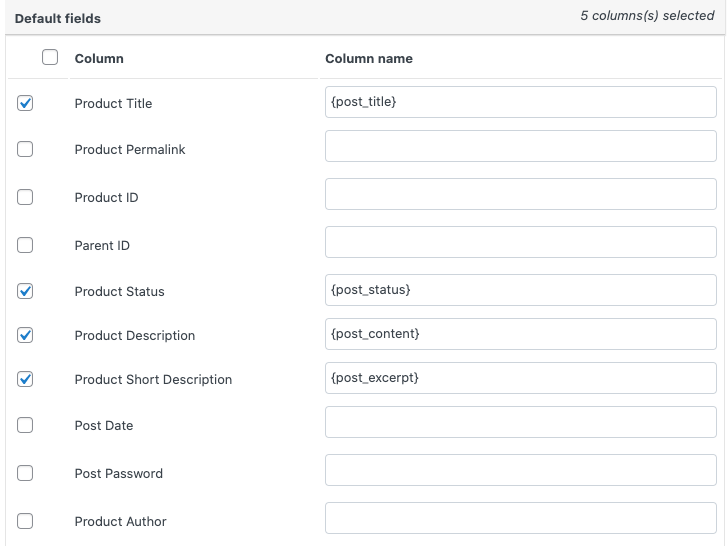 Exportar columnas o datos de productos seleccionados