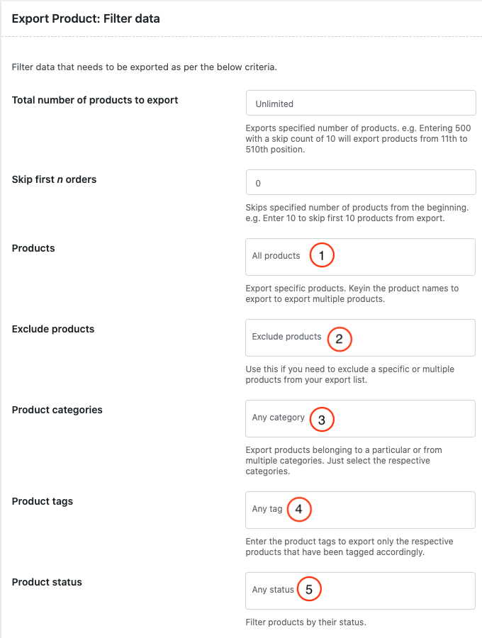 Filtros para exportar productos seleccionados