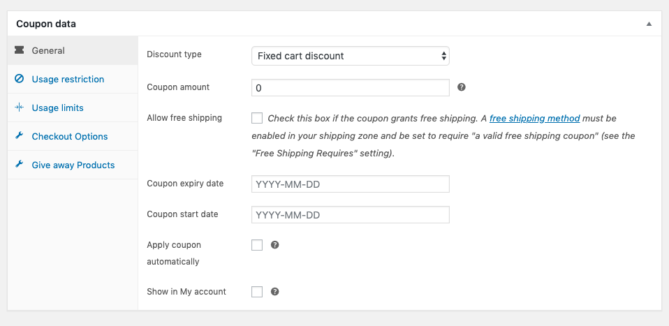 Smart Coupon für WooCommerce Basic-Registerkarte Allgemein