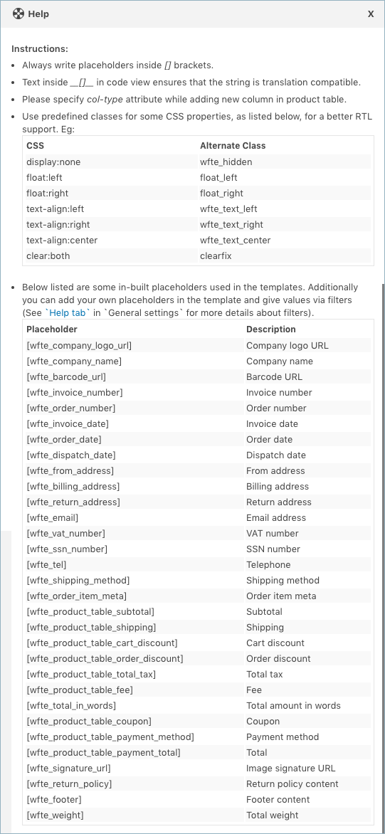 WooCommerce Factura o embalaje-Configuración de factura-Personalizar-Editor de código-Ayuda