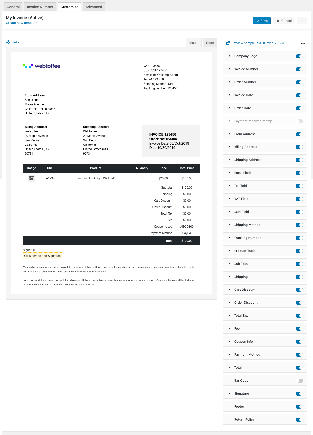 WooCommerce-Rechnung oder Verpackung - Rechnungseinstellungen - Anpassen