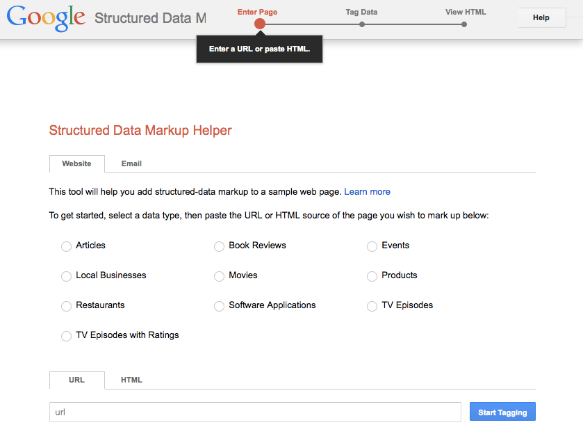 Ecranul Google Structured Data Markup Helper