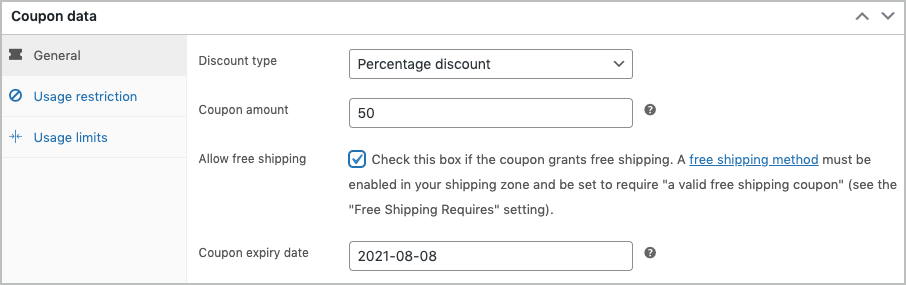 WooCommerce 쿠폰 - 일반 탭