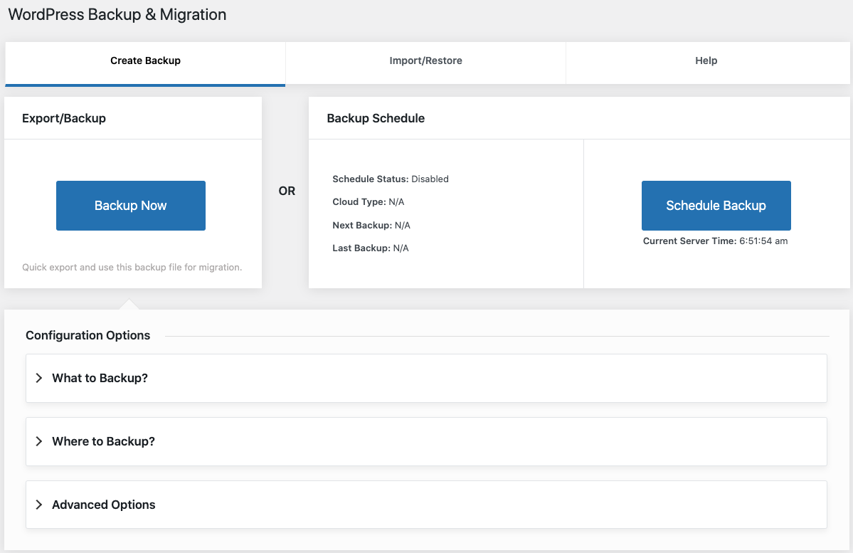 WordPress-Sicherungs- oder Exportfenster