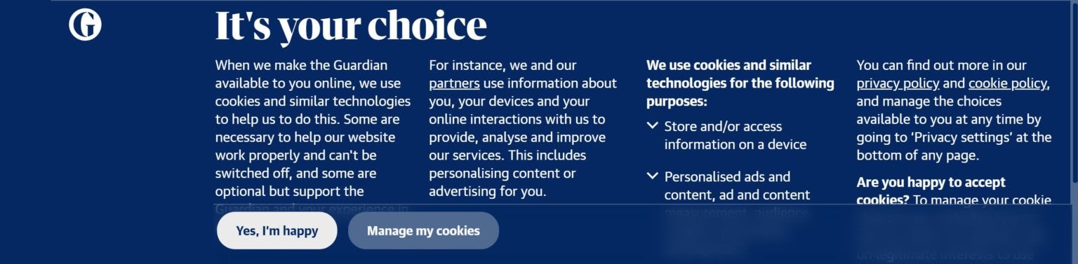 Banner de consentimento de cookies - The Guardian