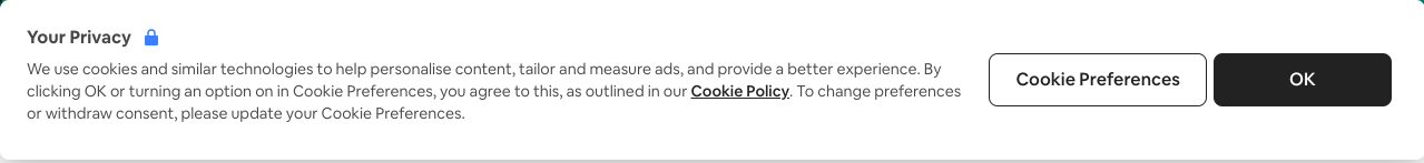 Banner de consentimento de cookies AirBNB