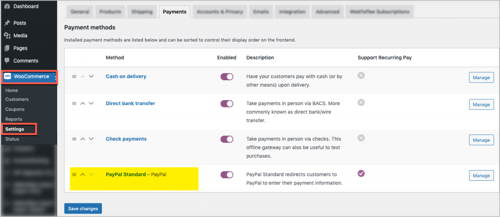 WooCommercePaymentsのPayPal標準