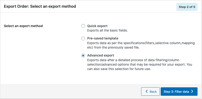 sélectionner une méthode d'exportation pour exporter les commandes