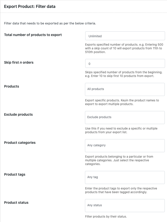 filtros para exportar produtos