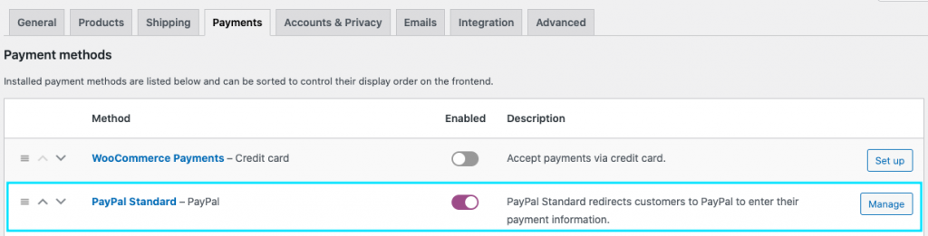 صفحة إعدادات الدفع في WooCommerce