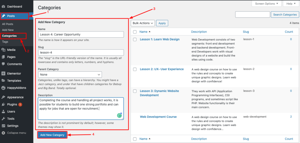 Set the categories of your course