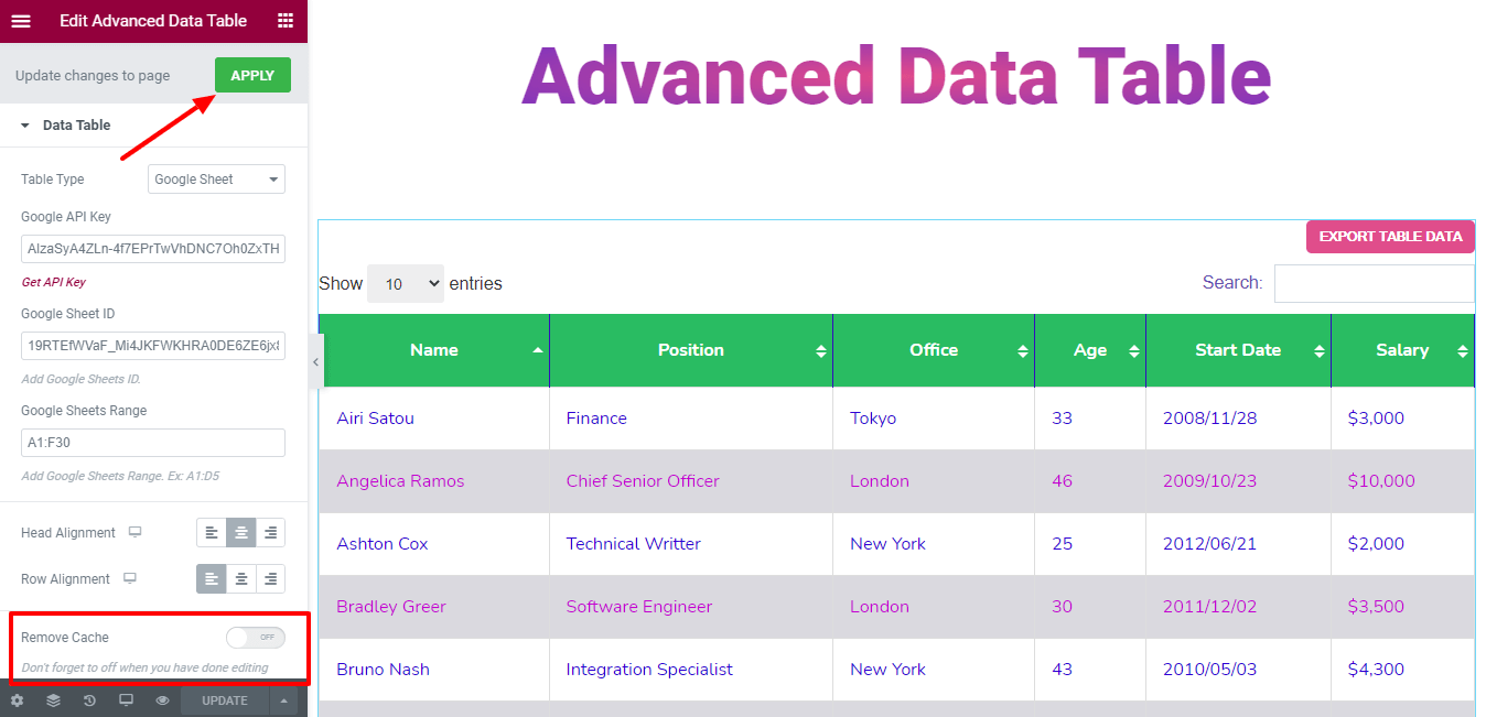 Update Advanced Data Table Settings