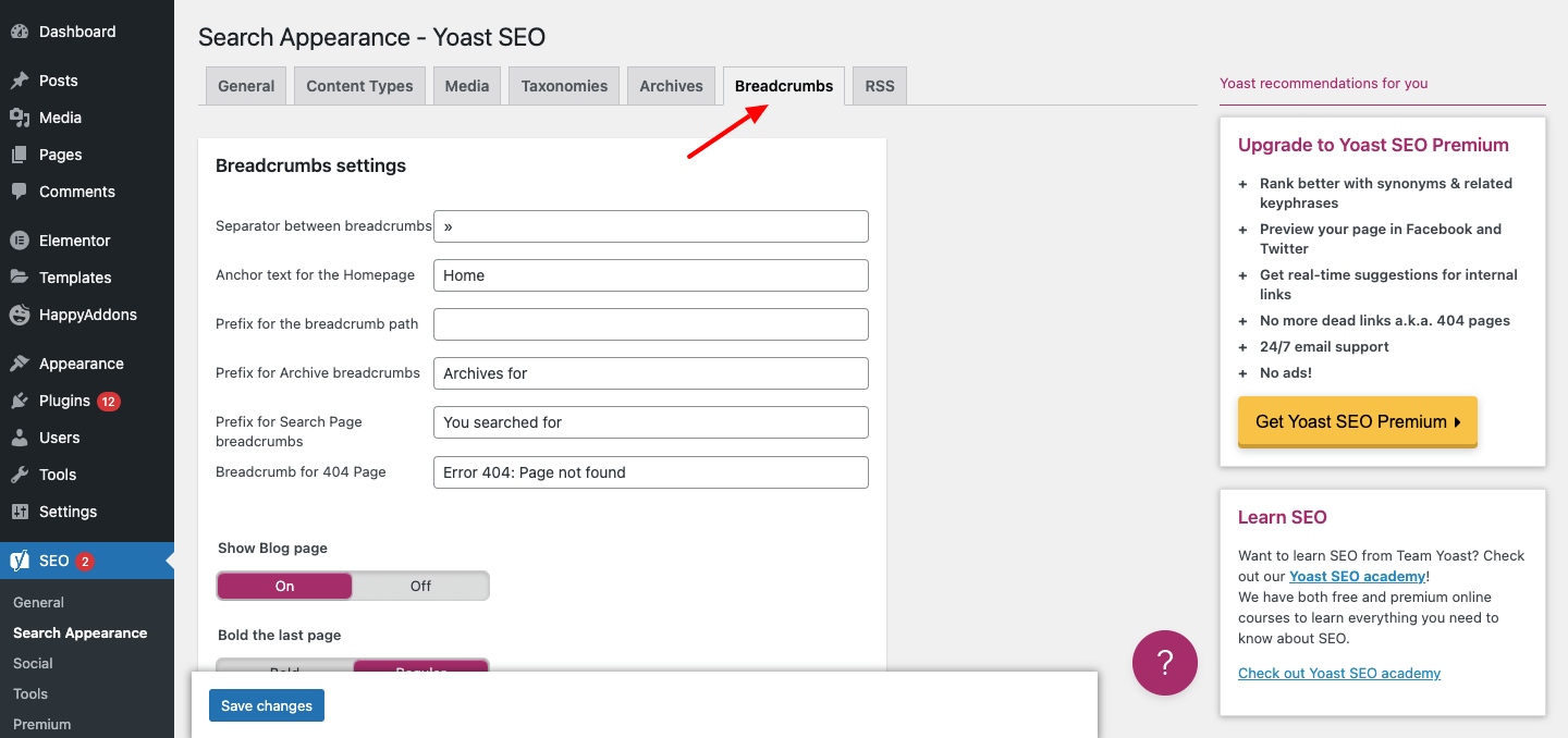 Yoast Breadcrumbs Settings