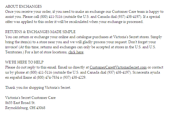 Victoria's Secret adaugă multe informații de contact la e-mailurile lor.