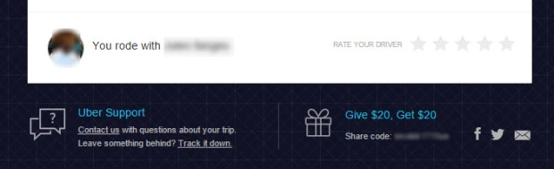 Por ejemplo, Uber ofrece un código de referencia en sus recibos de viaje: si un amigo lo usa, obtienes $20 en crédito.